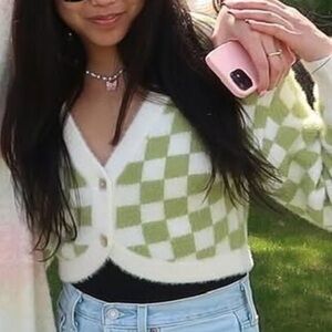 Green and White Checkered Women's Sweater